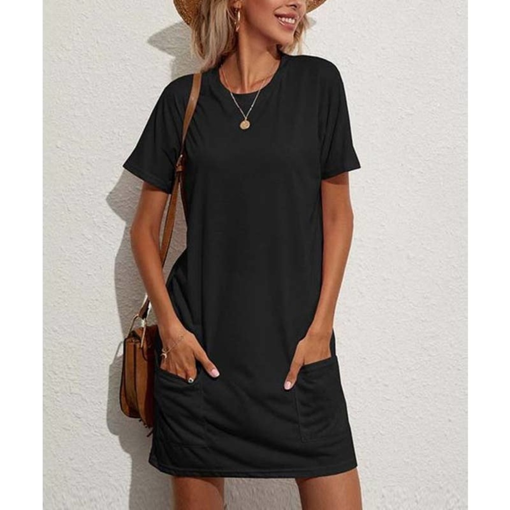 Sz XL Vrkufie Black Pocket Short-Sleeve T-Shirt Dress Women